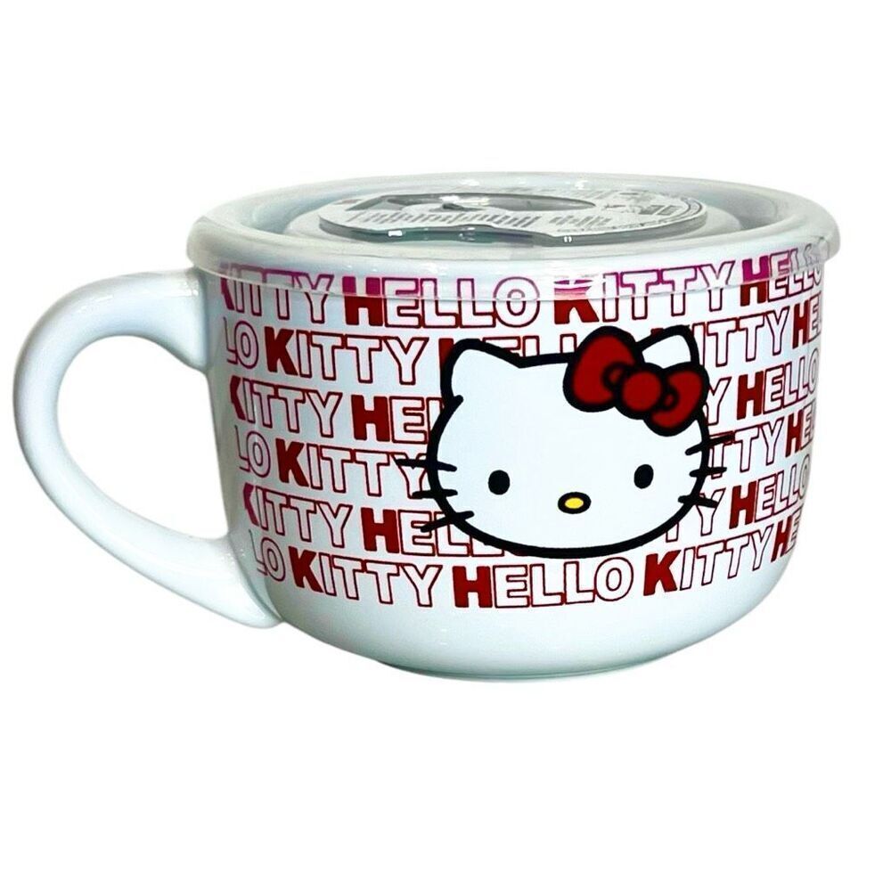 Sanrio Hello Kitty Red Ceramic Soup Mug with Vented Lid 24 oz Cereal Bowl  NEW‎